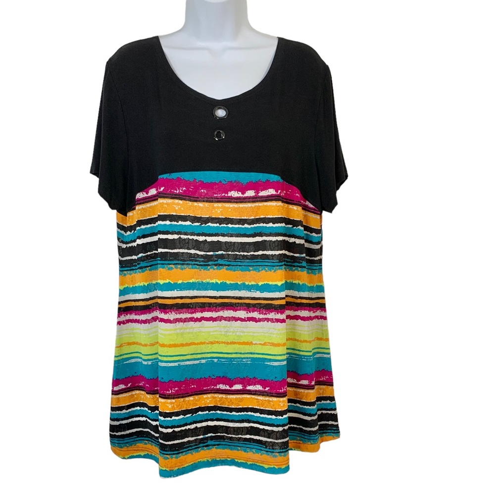 MAX & RIÑA Sheer Lace Multi Color Short Sleeve Top Sz 1X